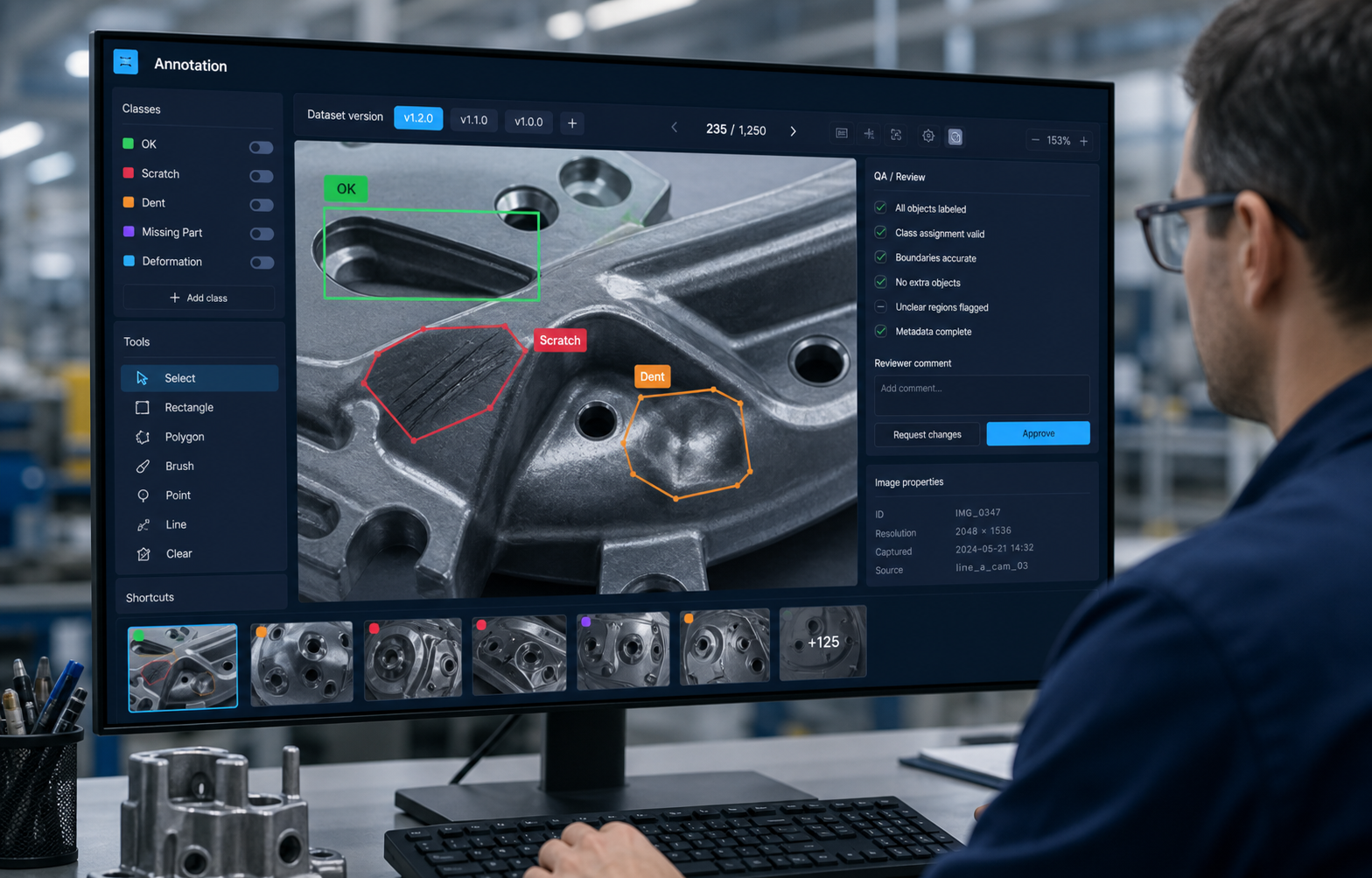 Inspection image annotation workspace with labeled defects, reviewer QA, and dataset versions