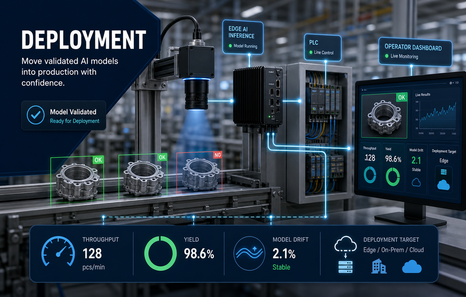 Industrial camera and edge AI deployment dashboard connected to production systems