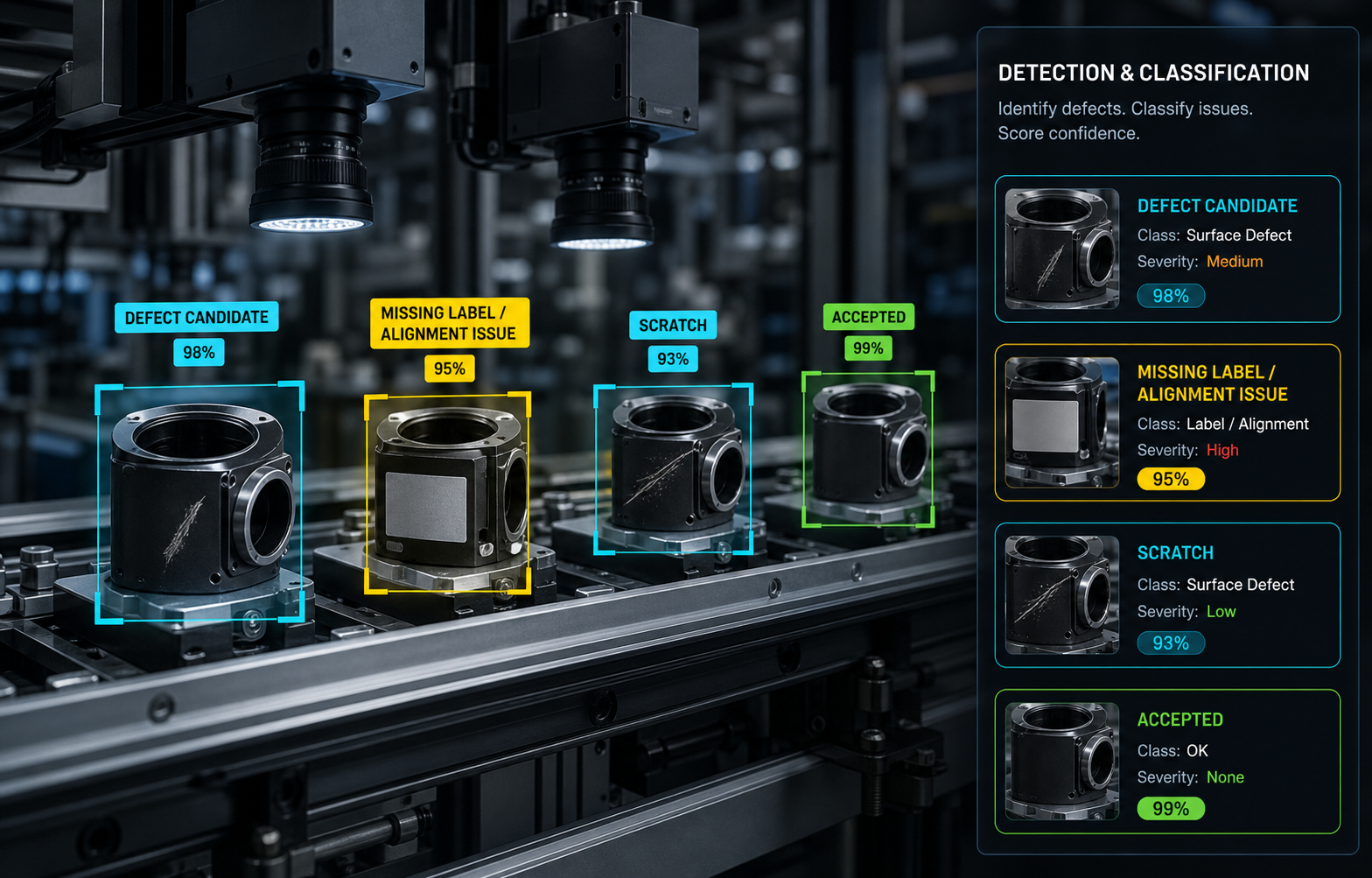 Line-side inspection detecting and classifying defects with colored confidence boxes