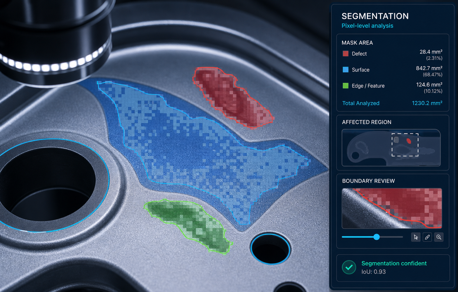Pixel-level segmentation masks isolating defect regions on an inspected metal part