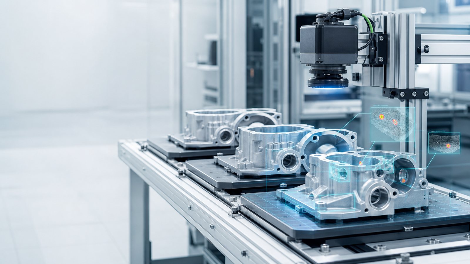 Machine vision inspection cell scanning machined metal components with AI defect overlays